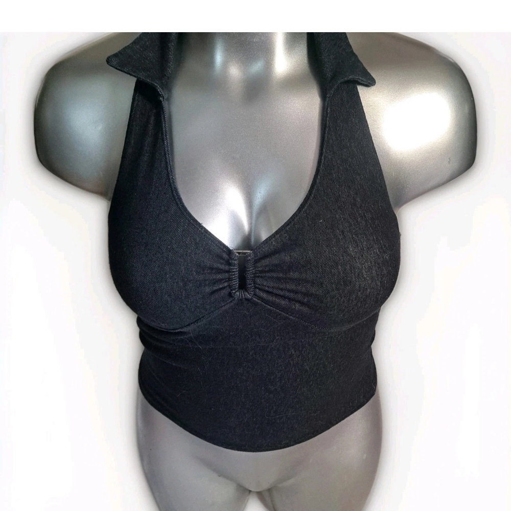 Vintage Denim Look-Stretchy Comfortable Collared Halter Top With Buckle  Size L